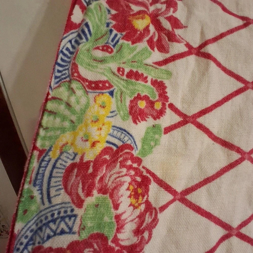 Vintage Cottagecore Floral Diamond Table Runner 13x30 Blue Red Yellow Granny EUC